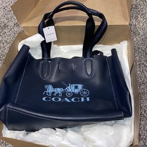 Navy Pebble 💯% Leather Horse & Carriage Tote Handbag -Purse